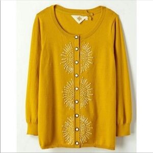 Anthropologie Monogram French Knot Cardigan Gold Mustard Yellow Size M Twee